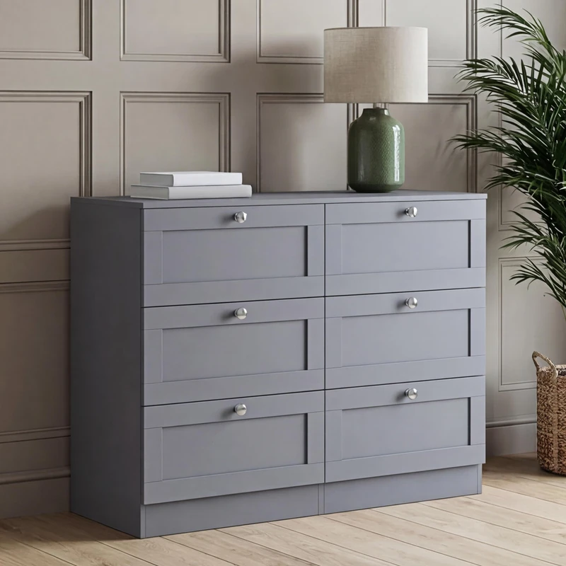 Vida Designs Altino 6 Drawer Chest of Drawers | Grey | H 76.5 x W 100 x D 36 cm | Wide Bedroom Storage Unit | Easy Assembly | Clothes Storage Cabinet | Modern Shaker Style Hallway or Guest Room