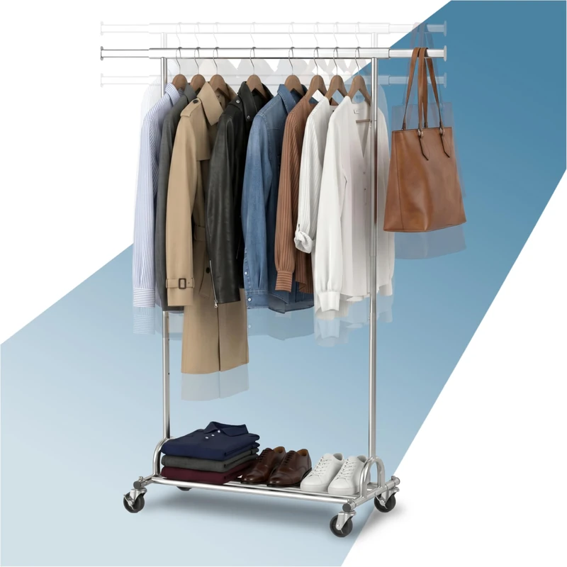 PORTENTUM Heavy duty clothes rail height adjustable with wheels and brakes – Height adjustable between 149 and 174 cm – Up to 180 kg load capacity – Clothing rack steel frame 45 x (92–132) cm width