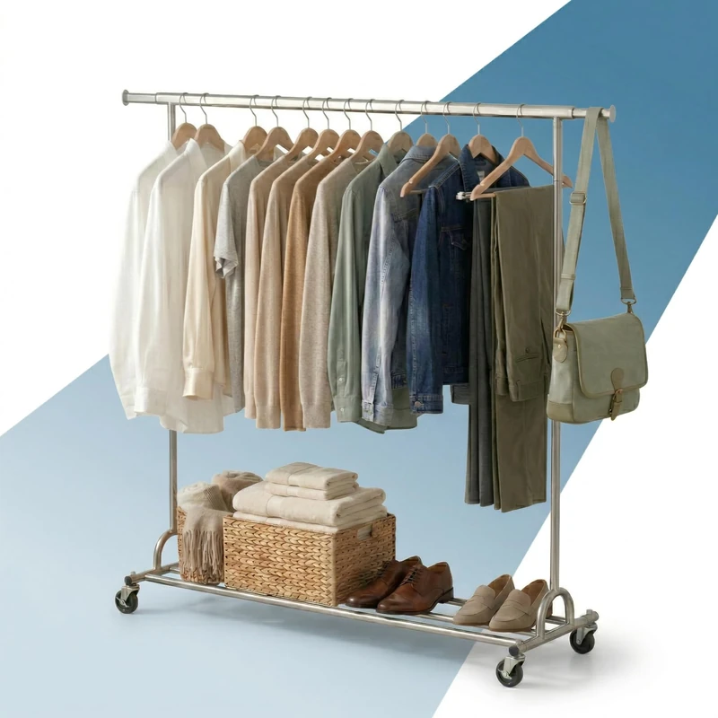 PORTENTUM Heavy duty clothes rail extendable with wheels and brakes – Up to 130 kg load capacity – Clothing rack steel frame 45 x (160-200) x 161.5 cm – With lower shelf – Quick assembly