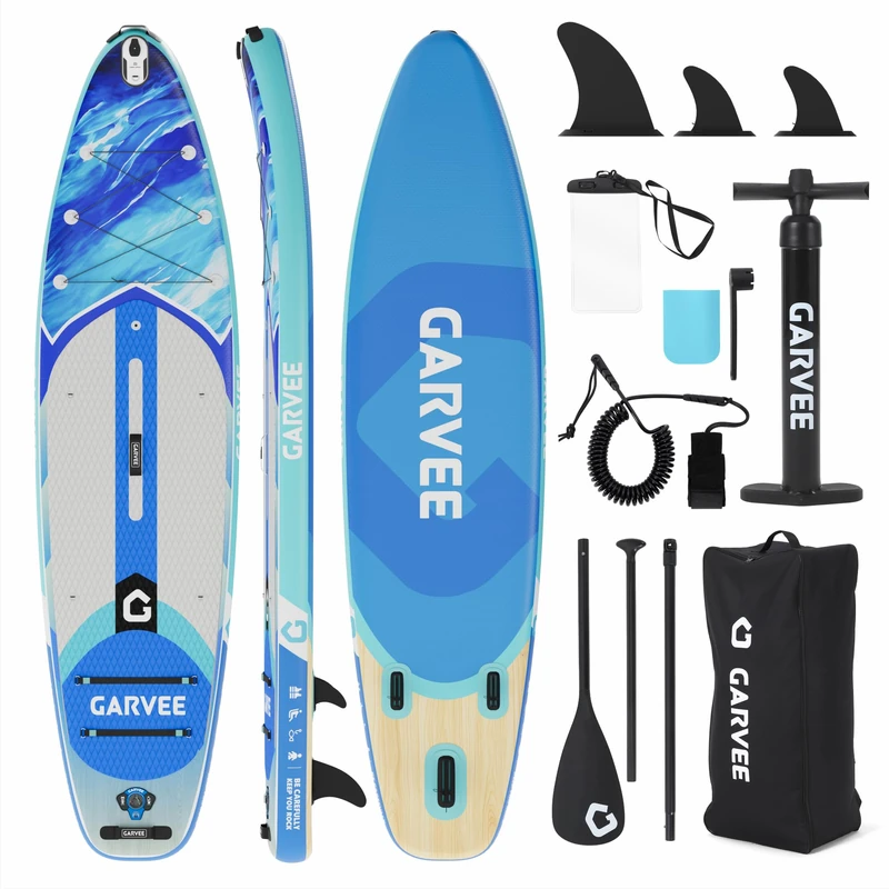 GarveeLife 335x86x15cm Inflatable Stand Up Paddle Board for Adults, Full Accessories Set with Paddle, Backpack, Pump, Non-Slip EVA Surface, Phone Case, for All Skill Levels, Klein Blue
