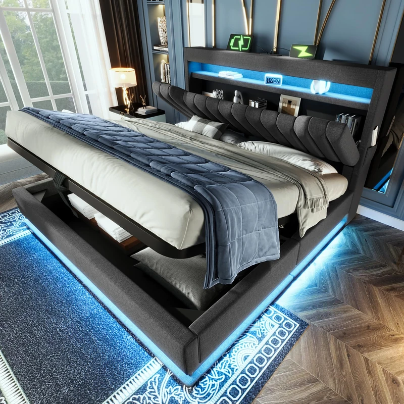 Ball & Cast 6ft Super King Size Ottoman Bed with Hydraulic Lift&LED Concealed Storage Headboard, Functional Upholstered Bed Frame with LED Lighting&USB Charging, Linen Gas Lift Storage Bed, Grey