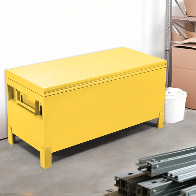 XXL Heavy Duty Steel Jobsite Tool Chest, Large Site Storage Box with 4 Inch Raised Forklift Base, Concealed Handles & Pins, Burgundy Deck Truck Toolbox for Garage, Workshop & Factory Floor