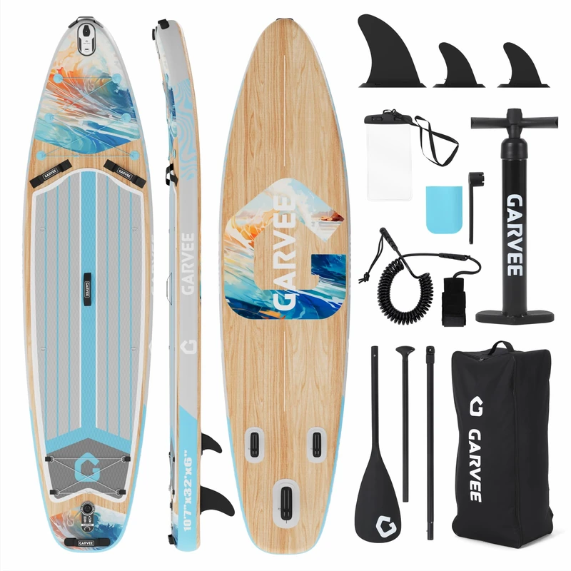 GarveeLife 335x86x15cm Inflatable Stand Up Paddle Board for Adults, Full Accessories Set with Paddle, Backpack, Pump, Non-Slip EVA Surface, Phone Case, for All Skill Levels, Light Wood