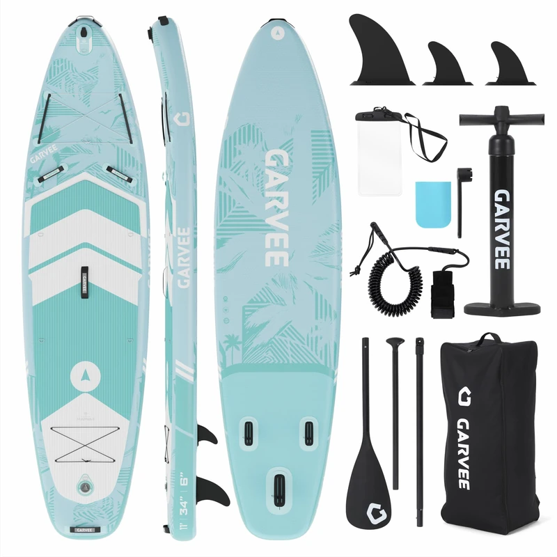 GarveeLife 335x86x15cm Inflatable Stand Up Paddle Board for Adults, Full Accessories Set with Paddle, Backpack, Pump, Non-Slip EVA Surface, Phone Case, for All Skill Levels, Teal