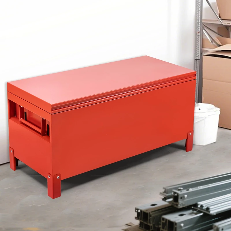 XXL Heavy Duty Steel Jobsite Tool Chest, Large Site Storage Box with 4 Inch Raised Forklift Base, Concealed Handles & Pins, Burgundy Deck Truck Toolbox for Garage, Workshop & Factory Floor - Image 1