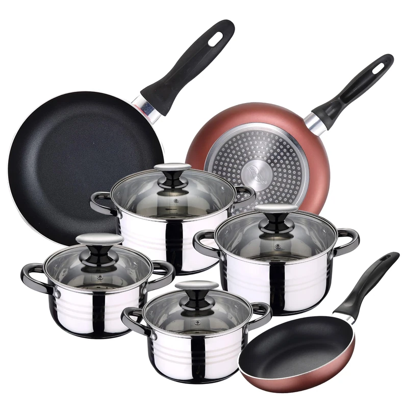Cookware Set 4 Saucepans (1.9L + 2.7L + 3.5L + 5.1L) with 4 Glass Lids and 3 Frying Pans Ø16Ø20Ø24 Stainless Steel Suitable for Induction - Image 1