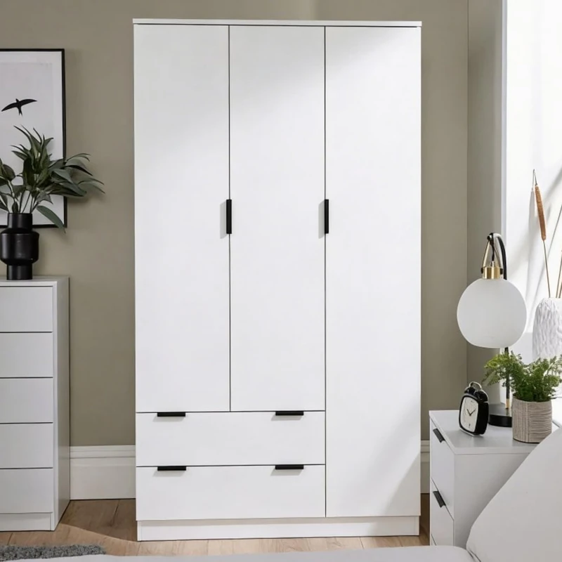 Home Source Phoenix Wardrobe 3 Door with 2 Drawers – White MDF, Black Metal Handles - 120W x 50D x 181H cm - Bedroom Wardrobe with Shelves