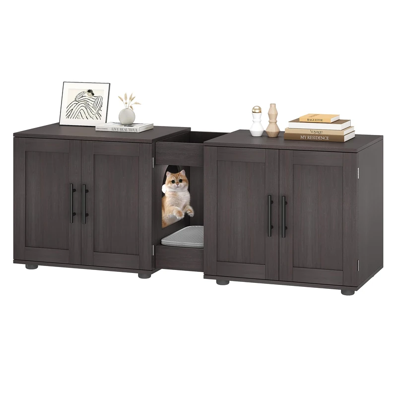 55" Large Cat Litter Box Enclosure for 2 Cats, Hidden Litter Box Furniture with Barn Doors, Double Room Wood Cat Washroom Bench, Rustic Litter Box Cabinet for Living Room & Bedroom,Walnut - Image 1