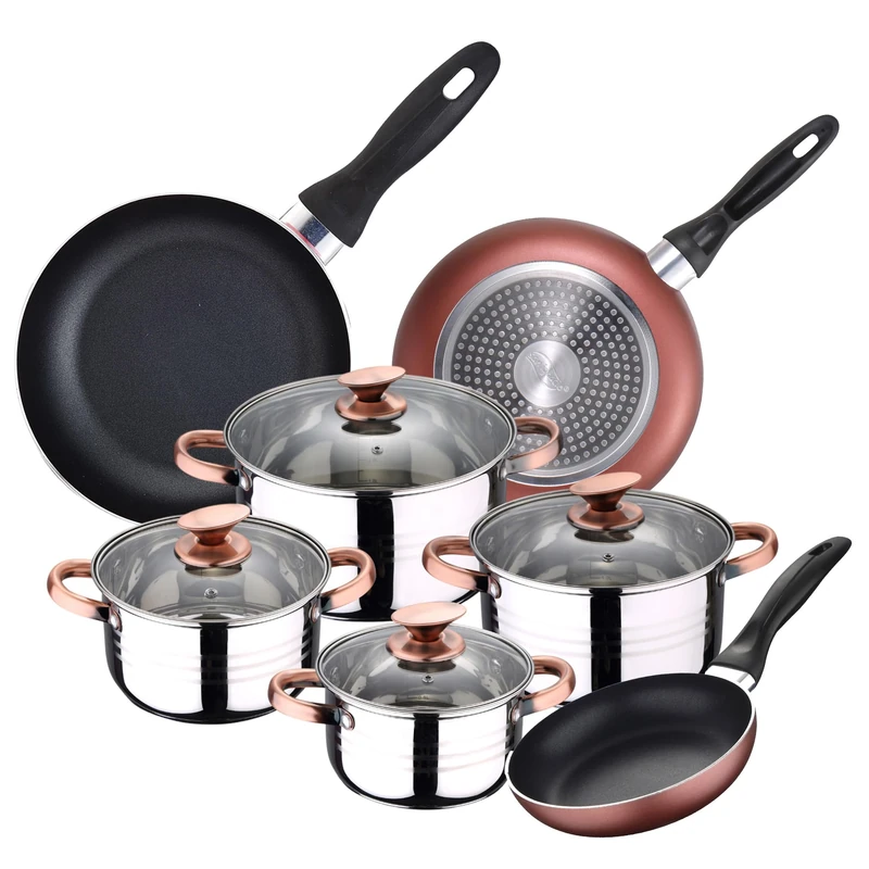 Cookware Set 4 Saucepans (1.9L + 2.7L + 3.5L + 5.1L) with 4 Glass Lids and 3 Frying Pans Ø16Ø20Ø24 Stainless Steel Suitable for Induction - Image 1