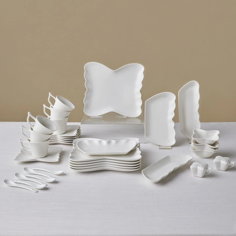 Karaca Stream Bone China Pieris 34-Piece Serveware Set for 6 People White, Elegant Luxury Breakfast Brunch Cups Saucers Plates Bowls, Modern Aesthetic Fine Ceramic Tableware Kit, Dishwasher Safe