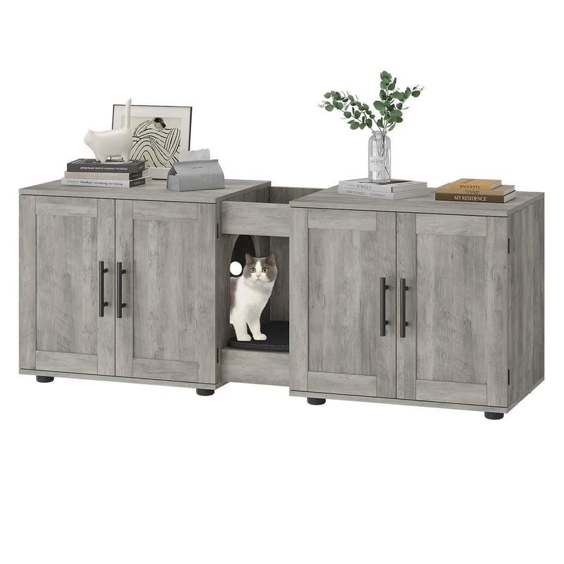 55" Large Cat Litter Box Enclosure for 2 Cats, Hidden Litter Box Furniture with Barn Doors, Double Room Wood Cat Washroom Bench, Rustic Litter Box Cabinet for Living Room & Bedroom, Grey