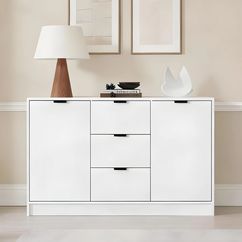 Home Source Phoenix Sideboard with 3 Drawers & 2 Doors – White MDF, Silver Metal Handles - 120W x 39D x 76H cm - Living Room Cabinet - Image 1