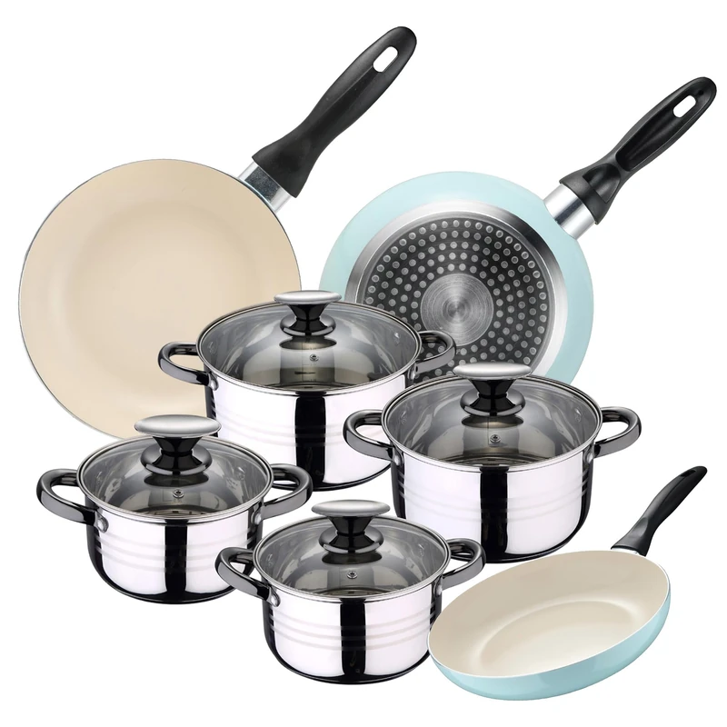 Cookware Set 4 Saucepans (1.9L + 2.7L + 3.5L + 5.1L) with 4 Glass Lids and 3 Frying Pans Ø16Ø20Ø24 Stainless Steel Suitable for Induction