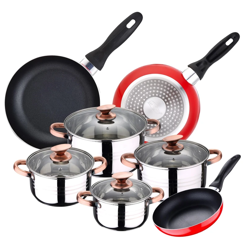 Cookware Set 4 Saucepans (1.9L + 2.7L + 3.5L + 5.1L) with 4 Glass Lids and 3 Frying Pans Ø16Ø20Ø24 Stainless Steel Suitable for Induction - Image 1