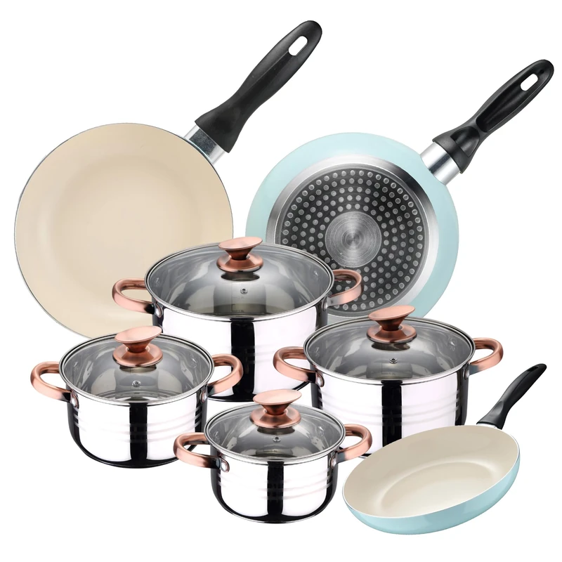 Cookware Set 4 Saucepans (1.9L + 2.7L + 3.5L + 5.1L) with 4 Glass Lids and 3 Frying Pans Ø16Ø20Ø24 Stainless Steel Suitable for Induction - Image 1