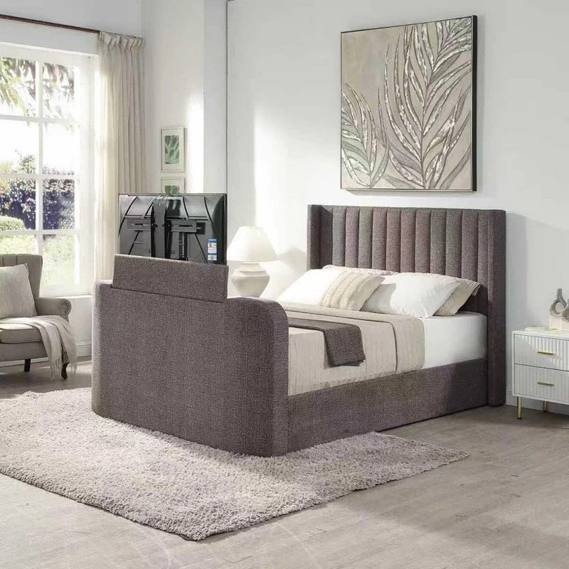 Home Source Riviera TV Ottoman Bed 5ft King Size – Grey Velvet, Side Lift Storage - 200L x 150W x 126H cm - King Bed Frame with USB-C