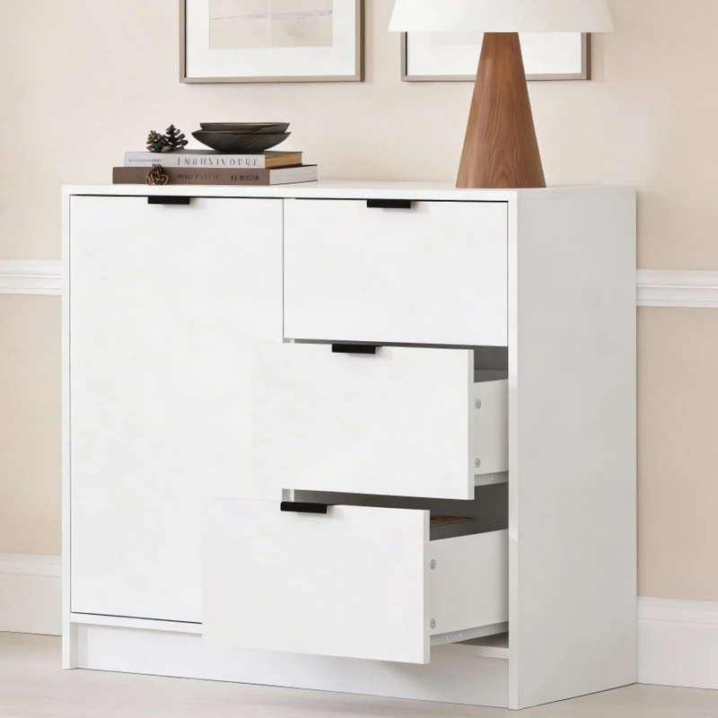 Home Source Phoenix Small Sideboard with 3 Drawers – White MDF, Silver Metal Handles - 80W x 39D x 76H cm - Living Room Cabinet with Cupboard
