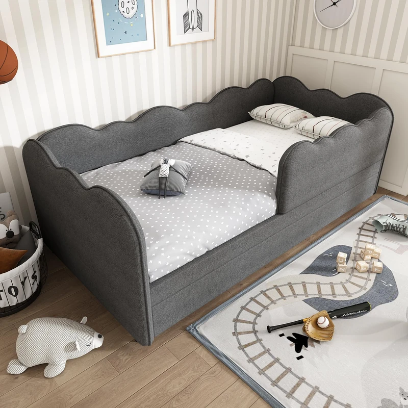 Ball & Cast Single Grey Upholstered Bed with Pull Out Bed, 3ft Single Day Bed Trundle Bed, with Unique Cloud Shape, Slatted Frame, for Adults Children, Linen/90x190cm(No Mattress)