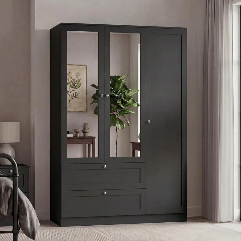 Vida Designs Altino 3 Door 2 Drawer Mirrored Wardrobe | Black | Bedroom Furniture | 170H x 116W x 53D cm | With Storage Shelf & Hanging Rail | Large Capacity Storage