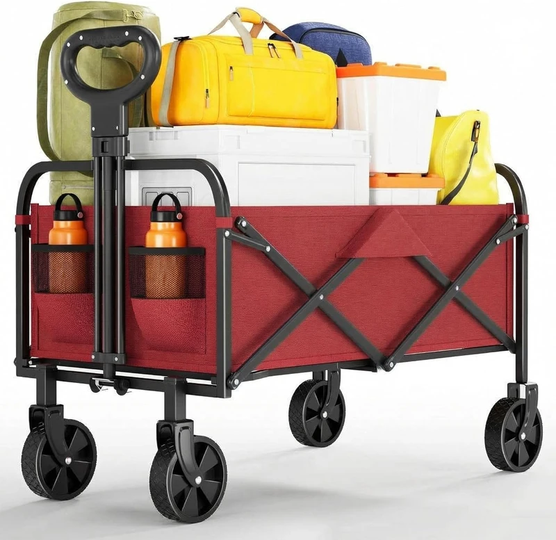 Large Capacity Foldable Shopping Trolley, 220L Folding Transport Trolley with Adjustable Handle, Load 172 kg, Folding Wheeled Trolley for Camping, Shopping, Beach, Garden (Red)