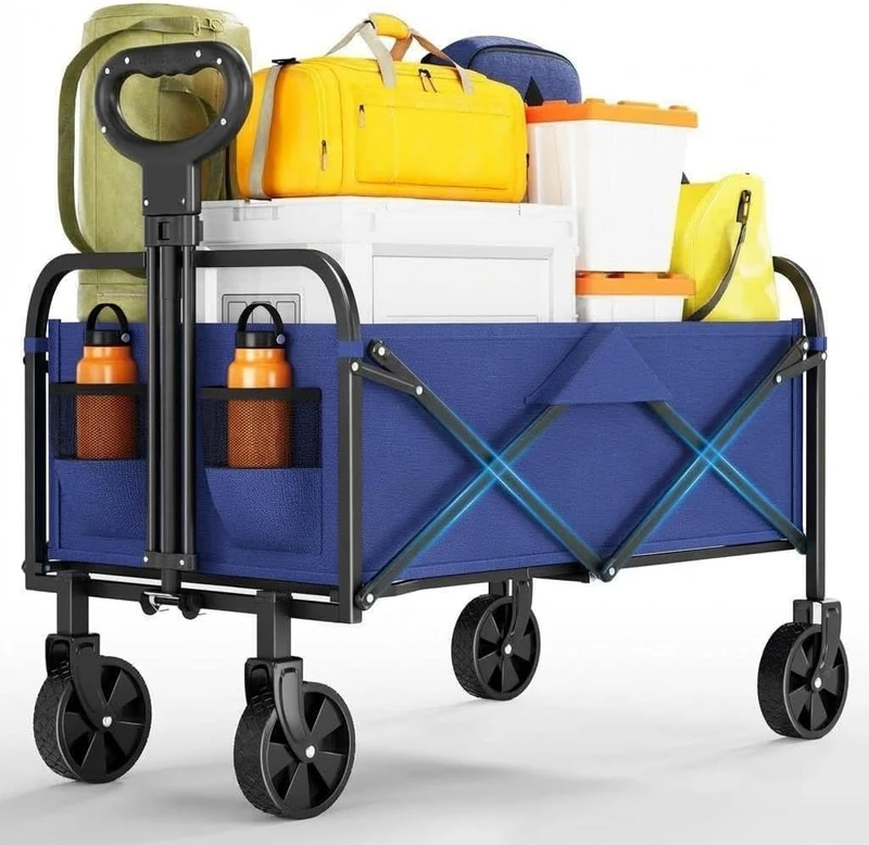 Large Capacity Foldable Shopping Trolley, 220L Folding Transport Trolley with Adjustable Handle, Load 172 kg, Folding Wheeled Trolley for Camping, Shopping, Beach, Garden (Blue)