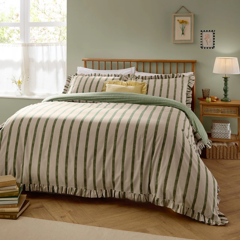 furn. Wylder Connie Duvet Cover Set – Reversible Cotton Rich Stripe Ruffle Linen Look Bedding (Moss – Super King)