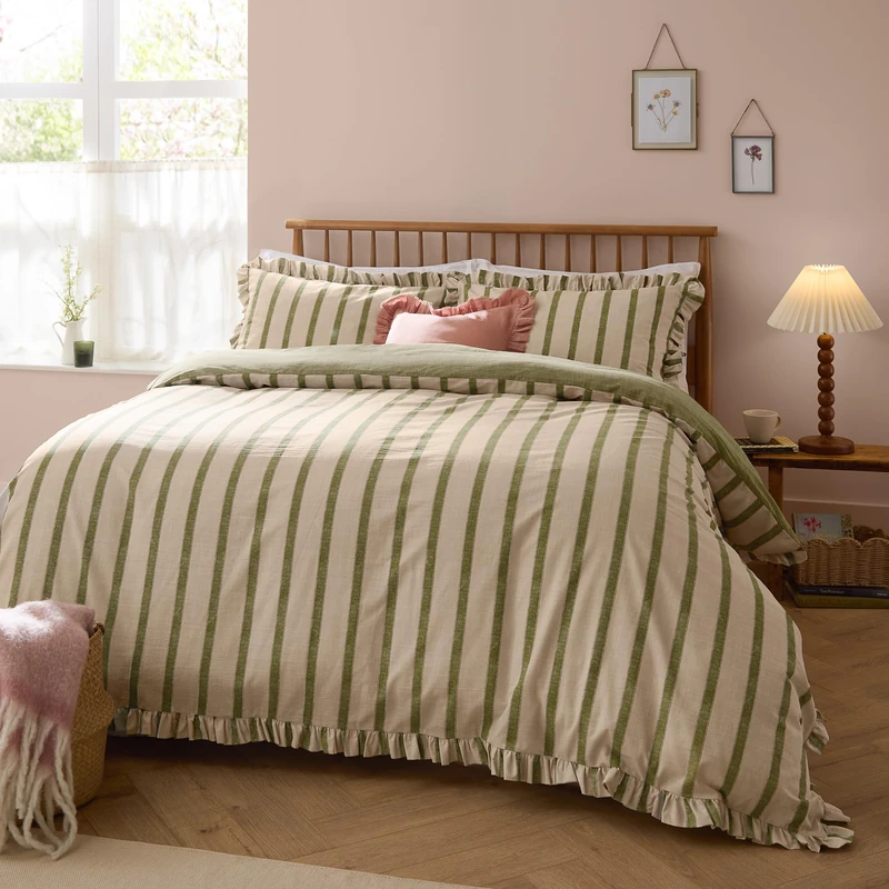 furn. Wylder Connie Duvet Cover Set – Reversible Cotton Rich Stripe Ruffle Linen Look Bedding (Olive – Double)