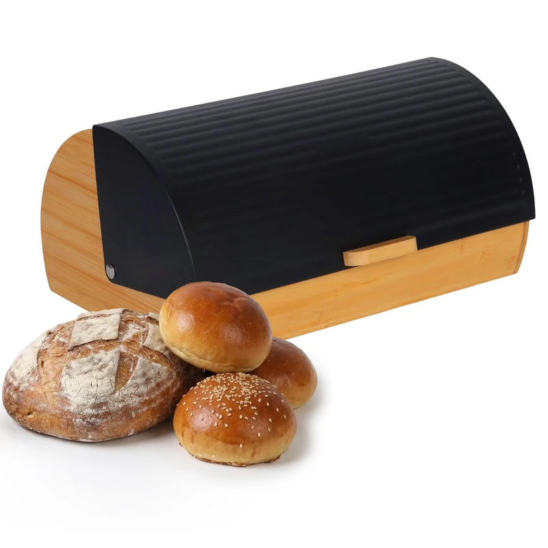 Relaxdays Bamboo Bread Bin with Hinged Lid, Galvanised Steel, HxWxD: 19 x 37.5 x 26.5 cm, Black/Natural