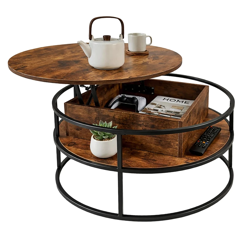 Relaxdays height-adjustable coffee table with storage, H x D 46 x 80 cm, lift-top, MDF/iron, brown/black