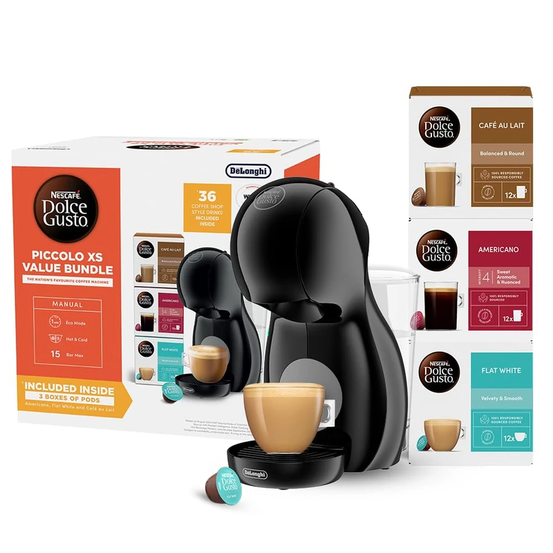 De'Longhi Nescafé Dolce Gusto Piccolo XS - Coffee Capsule Machine, Compact Design, Hot&Cold Drinks, Automatic Shut-Off, with 3x12 Capsule Boxes + Podback Recycling Bag, Black Grey (EDG210.BGY bundle) - Image 1