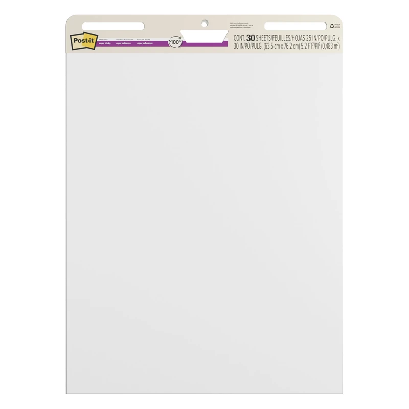 Post-it Super Sticky Meeting Charts, 100% Recycled Paper, White, 63.5 x 76.2 cm, 30 Sheets/Pad, 2 Pads/Pack, 100% PEFC, SGSCH-PEFC-COC-110078
