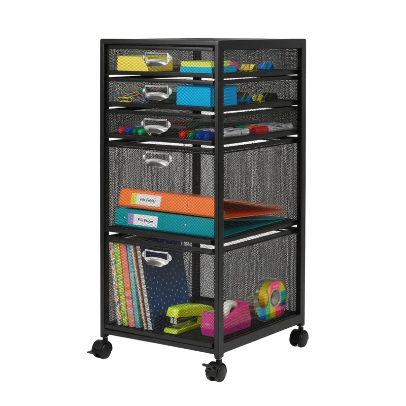 Relaxdays rolling container, 5 drawers, mesh, HxWxD: 59 x 27.5 x 35 cm, desk container on castors, black - Image 1