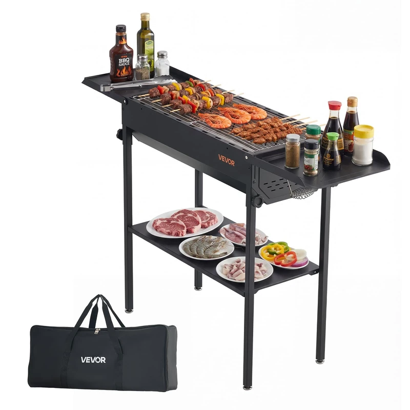 VEVOR Folding Charcoal Barbecue Grill, Adjustable Height Portable Barbecue with Side Shelves for Spices Sauce, Charcoal Grill BBQ Camping Picnic Outdoor Party Garden