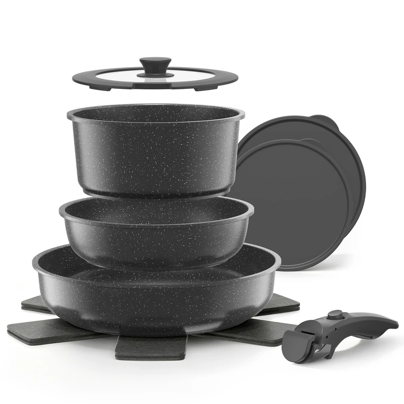 YASHE 9Pcs Granite Nonstick Pots and Pans Set, Stackable, Oven Safe - Image 1