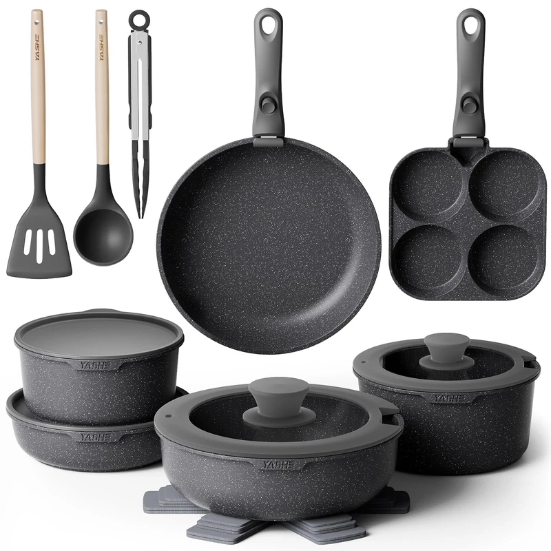 YASHE 20-Piece Granite Non-Stick Cookware Set with Removable Handles, Pots and Pans Set, Stackable Induction Pots and Pans with Glass Lids, Space-Saving for RV Campervans & Small Kitchens, PFOA Free