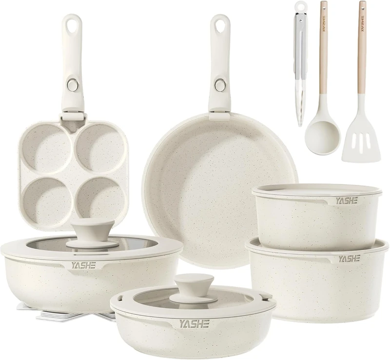 YASHE 20Pcs Nonstick Pots and Pans Set with Detachable Handles, Oven Safe