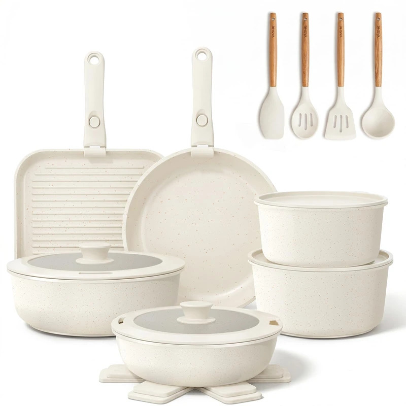 YASHE 21Pcs Nonstick Pans and Pots Set with Detachable Handles, Oven Safe
