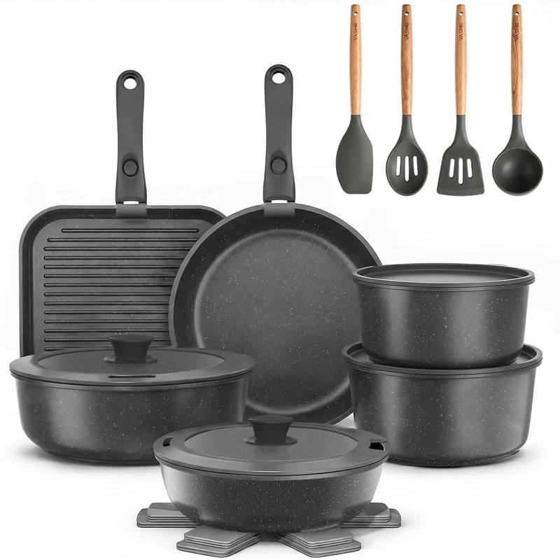 YASHE 21Pcs Nonstick Pots and Pans Set with Removable Handles, Oven Safe