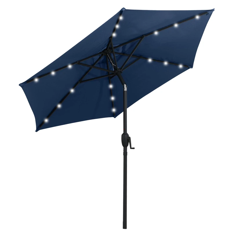 FANTASK Parasol 230 cm, Garden Umbrella with LED Solar Lighting, Crank & Tilting 35° on Both Sides, Market Umbrella with 6 Struts for Garden, Balcony & Patio (Navy Blue)