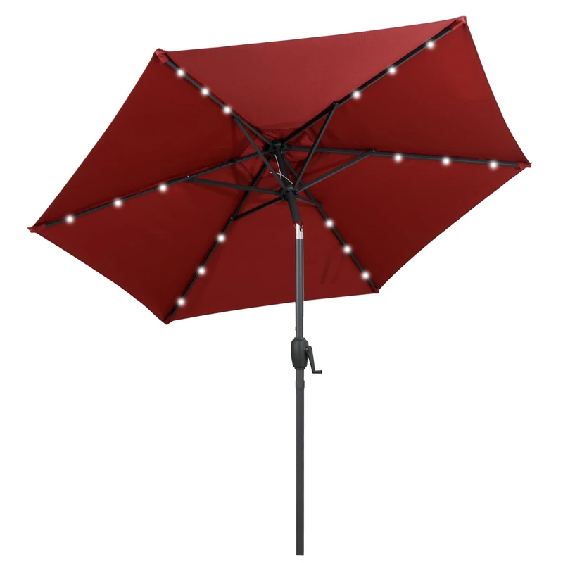 FANTASK Parasol 230 cm, Garden Umbrella with LED Solar Lighting, Crank & Tilting 35° on Both Sides, Market Umbrella with 6 Struts for Garden, Balcony & Patio (Red)