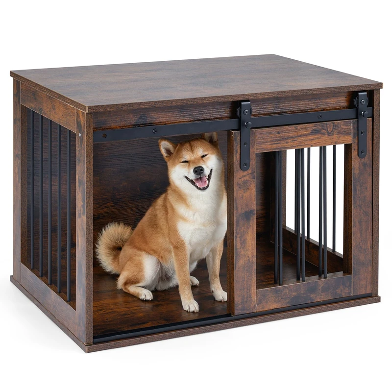 FANTASK Dog Cage Furniture 80 cm, Dog Box with Sliding Door & Metal Frame, Wooden Dog Cabinet as Side Table for Small and Medium Dogs, for Living Room, Bedroom and Hallway (Rustic Brown) - Image 1