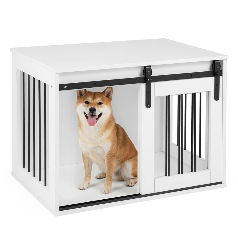 FANTASK Dog Cage Furniture 80 cm, Dog Box with Sliding Door & Metal Frame, Wooden Dog Cabinet as Side Table for Small and Medium Dogs, for Living Room, Bedroom & Hallway (White) - Image 1