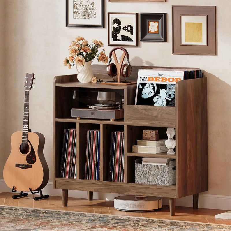 IRONCK Large Record Player Stand with Charging Station, Mid Century Record Player Cabinet, Vinyl Record Storage Stand Holds Up to 300 Albums, Turntable Table with Storage for Living Room