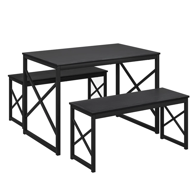 VECELO Dining Table Set with 2 Benches, Space-Saving Kitchen Table Furniture Set for 4 People Small Space, Sturdy Metal Frame Industrial Design, Black