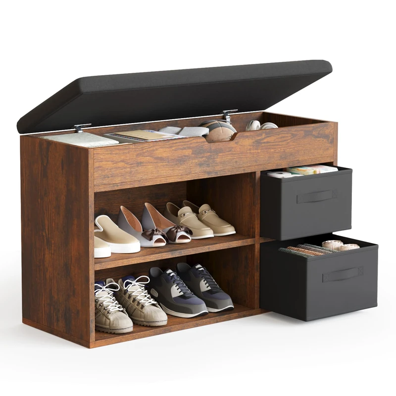 Mondeer Shoe Bench with Seat, Shoes Storage Rack Wooden with Non-woven Drawer and Hinged Flip Top Cushion for Living Room Hallway Cloakroom Entryway, 80 x 48 x 30 cm (Rustic Brown) - Image 1