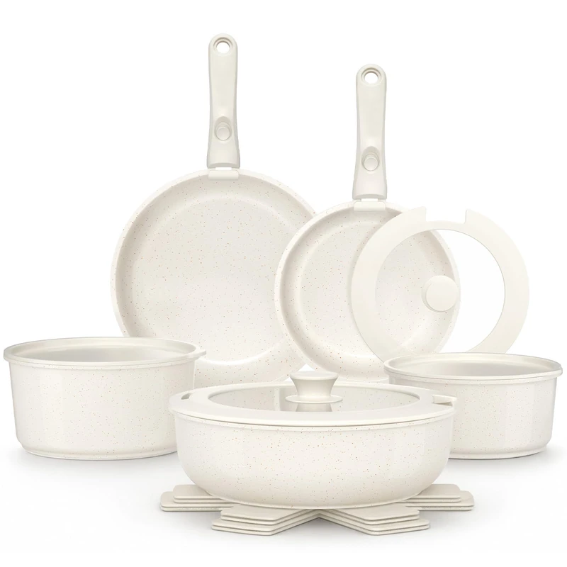 YASHE 15Pcs Nonstick Pans and Pots Set with Detachable Handle, Oven Safe