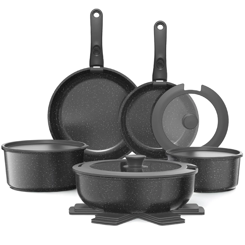 YASHE 15Pcs Nonstick Pots and Pans Set with Removable Handle, Oven Safe