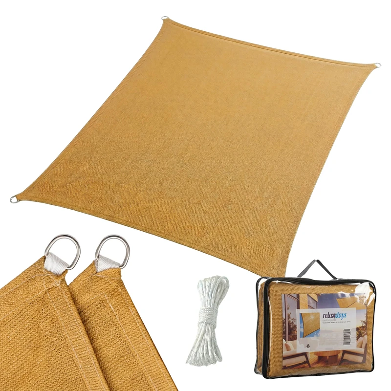 Relaxdays Shade Sail, 4x5 m, breathable HDPE, garden & balcony, eyelets & tension ropes, rectangular, sand