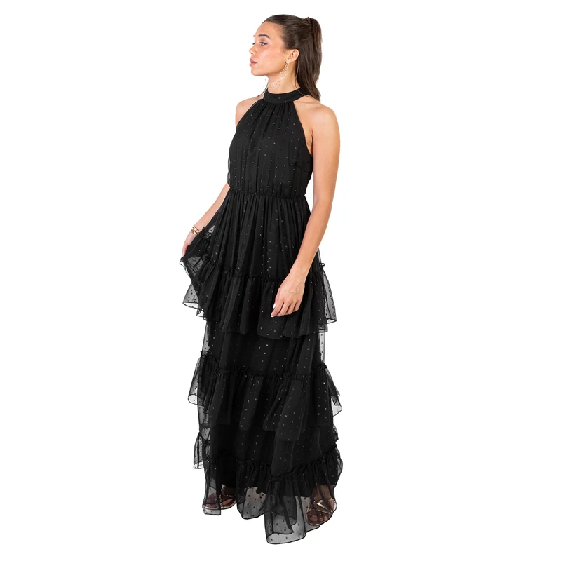 Anaya with Love Women's Maxi Dress Ladies Sleeveless Halterneck Polka Dot Chiffon Tiered Ruffle Keyhole Tie Back A-line Evening Occasion, Black 16