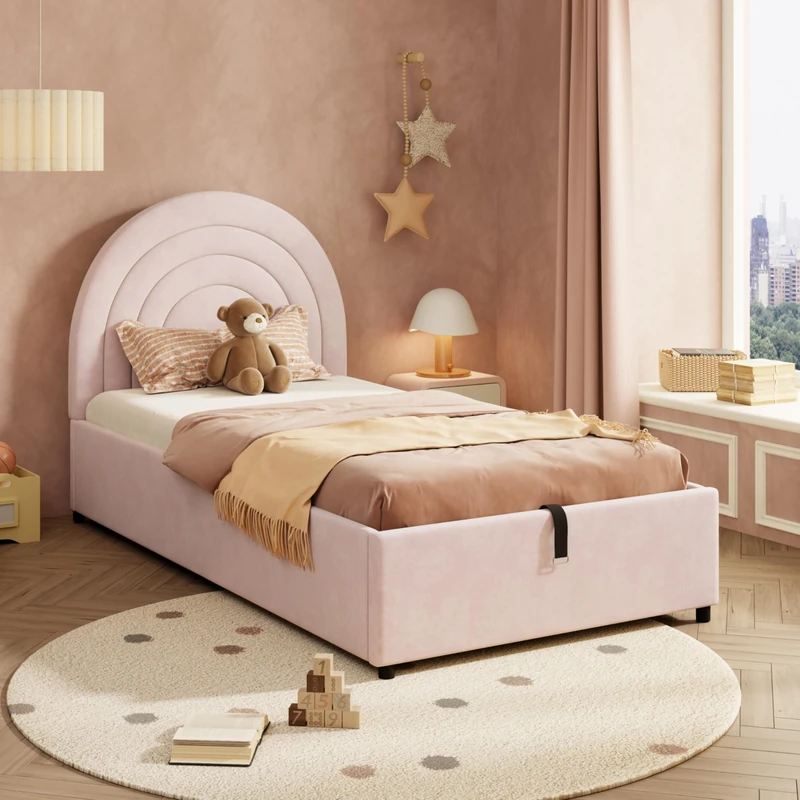 Ball & Cast Upholstered bed 3ft 90 x 190 cm,Children's bed, single bed with slatted frame and headboard, Youth bed, suitable for adults and teenagers, Wooden slats, Easy to assemble, Velvet, Pink